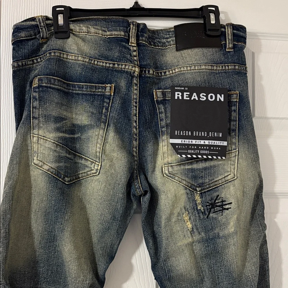 Reason Men's Distressed Blue Denim Jeans - Picture 8 of 9